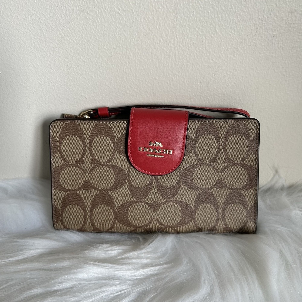 Coach Signature Canvas Red Leather‎ Wristlet Wallet Excellent